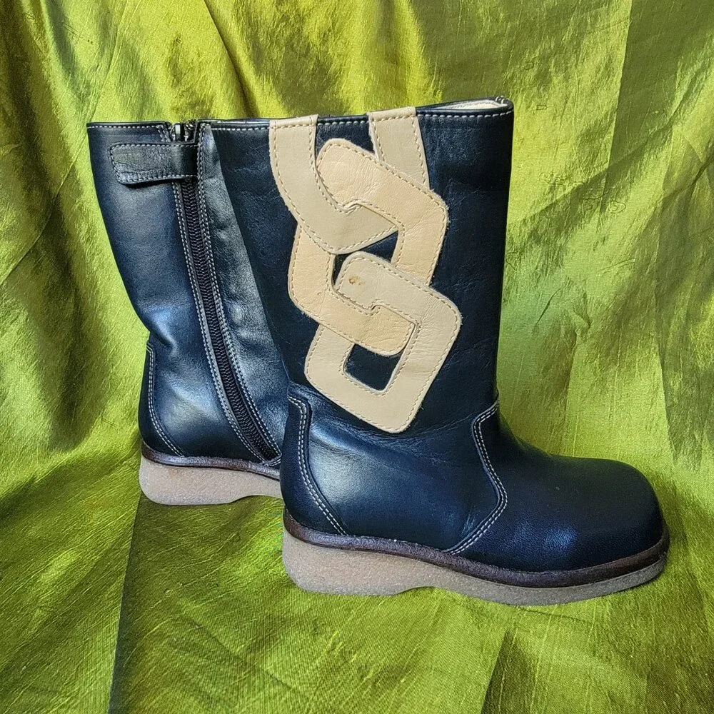 Leather Fall Boots for Girls in Dark Blue and Tan Size